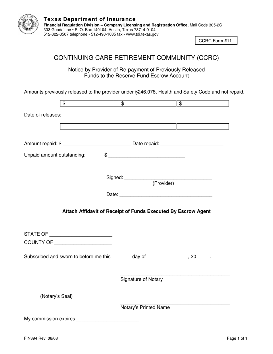 Form FIN394 (CCRC Form 11) Notice by Provider of Repayment of Previously Released Funds to Escrow Account - Texas, Page 1
