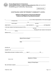 Document preview: Form FIN395 (CCRC Form 12) Affidavit of Repayment of Previously Released Funds to the Reserve Fund Escrow Account - Texas