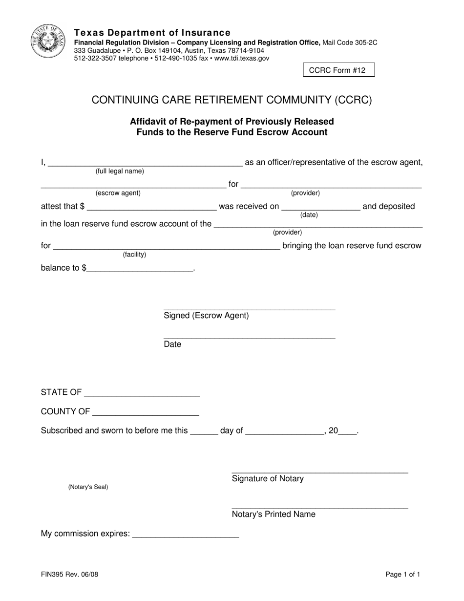 Form FIN395 (CCRC Form 12) Affidavit of Repayment of Previously Released Funds to the Reserve Fund Escrow Account - Texas, Page 1