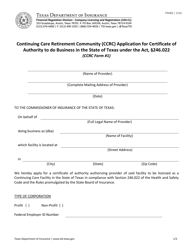 Document preview: Form FIN382 (CCRC Form 1) Application for Certificate of Authority to Do Business in Texas - Texas