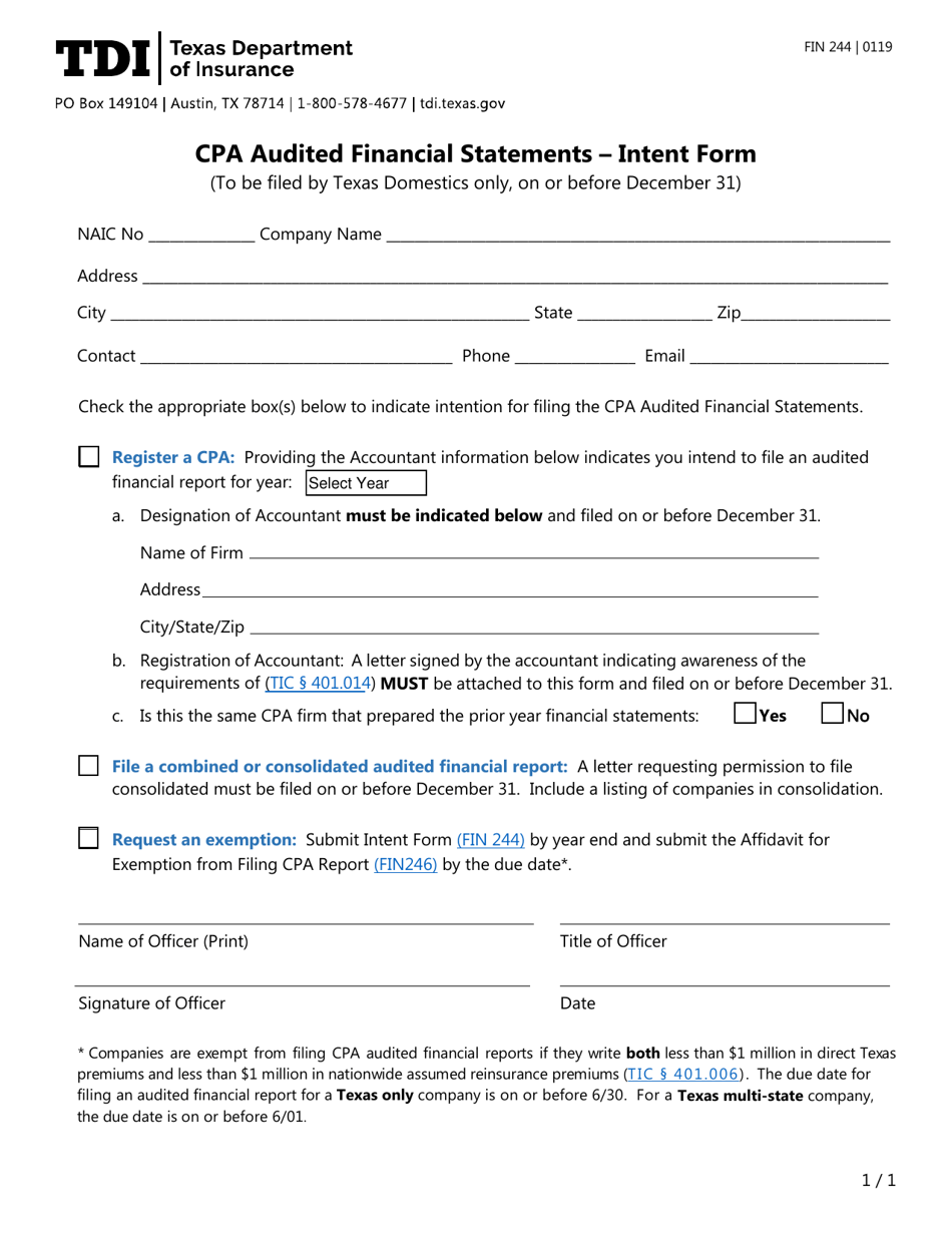 Form FIN244 CPA Audited Financial Report - Intent Form - Texas, Page 1
