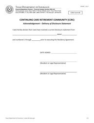 Document preview: Form FIN387 (CCRC Form 5) Acknowledgement of Delivery of Disclosure Statement - Texas