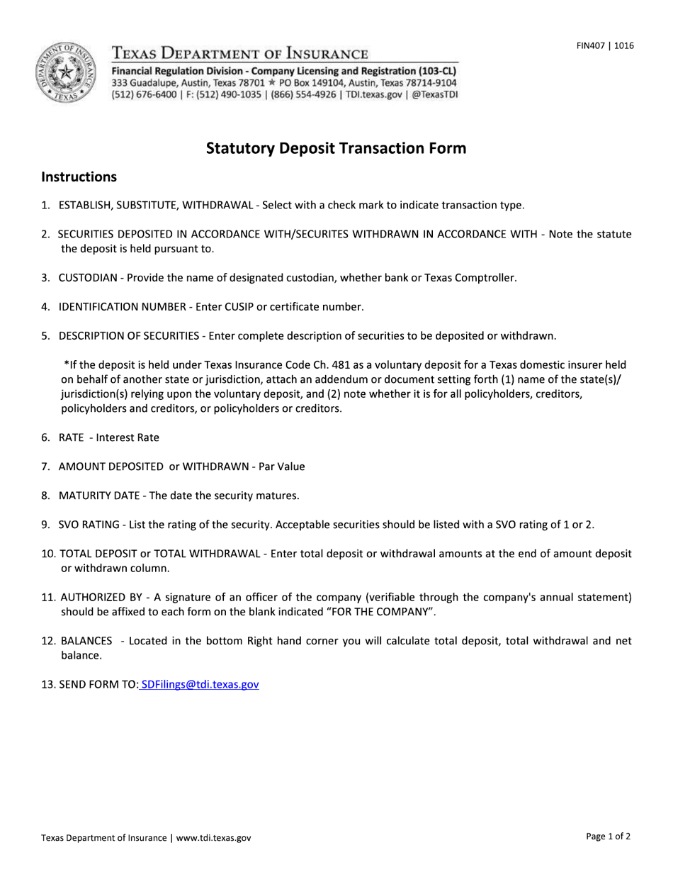 Form FIN407 Statutory Deposit Transaction Form - Texas, Page 1