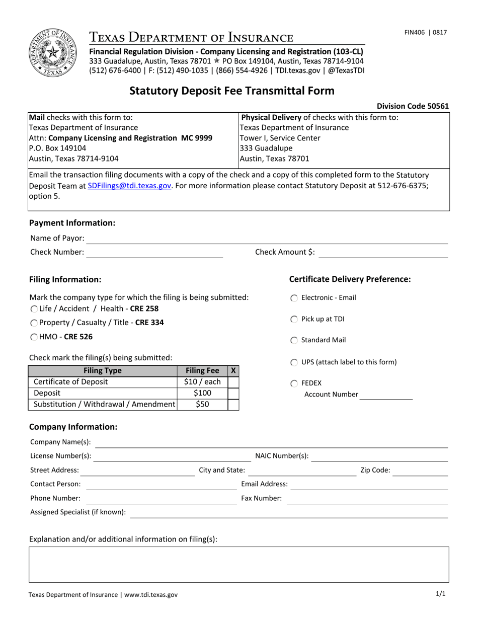 Form FIN406 Statutory Deposit Fee Transmittal Form - Texas, Page 1