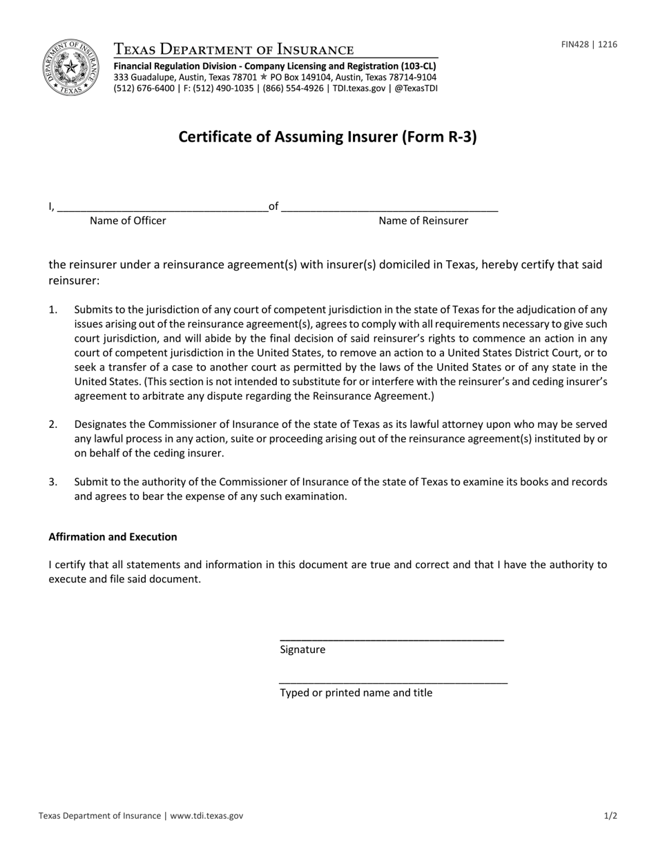 Form FIN428 (R-3) Certificate of Assuming Insurer - Texas, Page 1