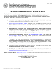 Document preview: Form FIN436 Checklist for Name Change/Merger of Securities on Deposit - Texas