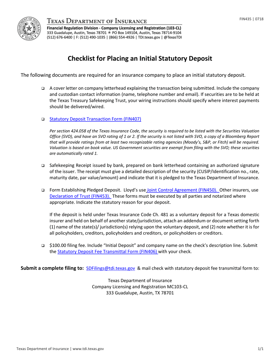 Form FIN435 Checklist for Placing an Initial Statutory Deposit - Texas, Page 1