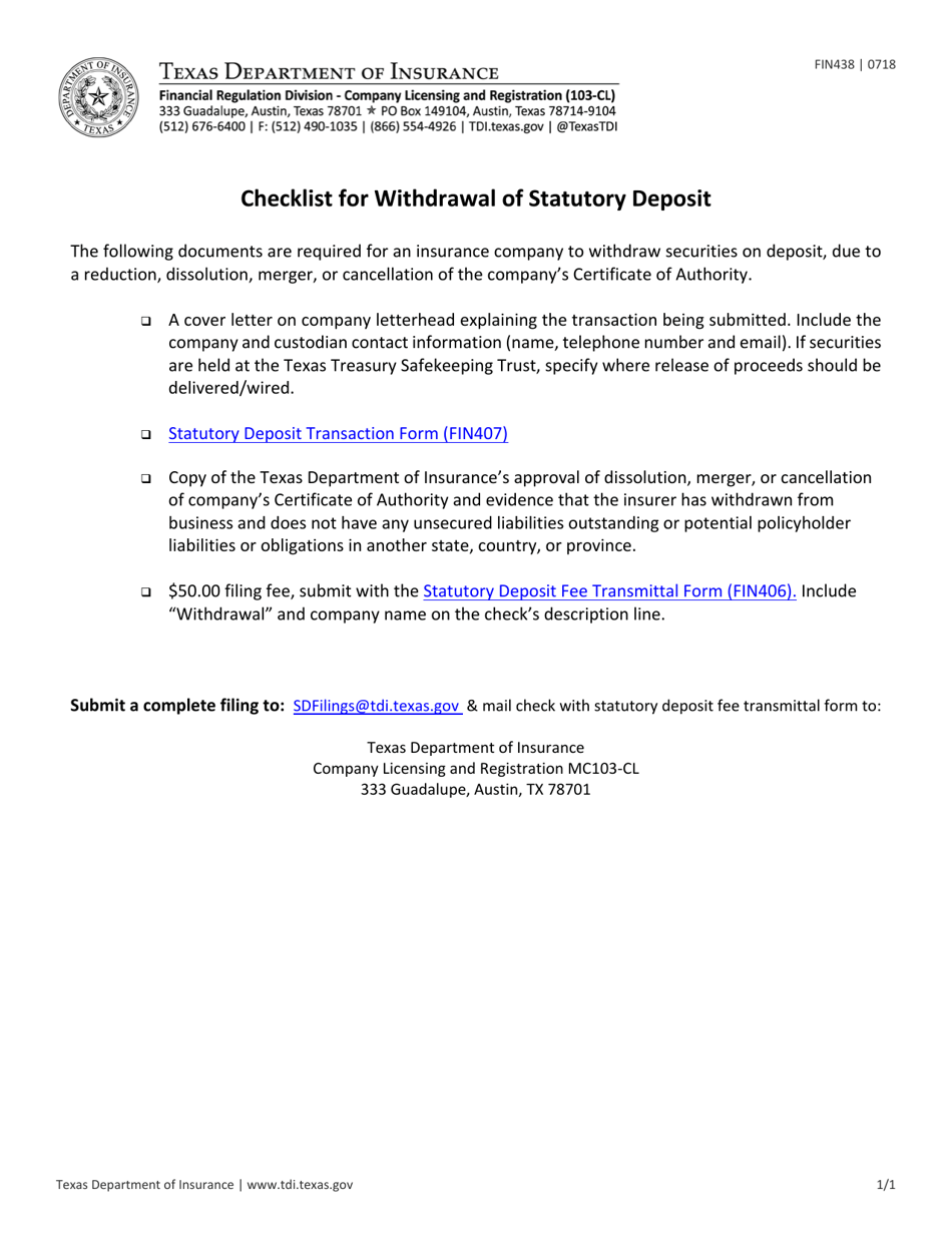 Form FIN438 Checklist for Withdrawal of Statutory Deposit - Texas, Page 1