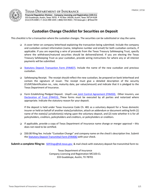 Form FIN454 Custodian Change Checklist for Securities on Deposit - Texas