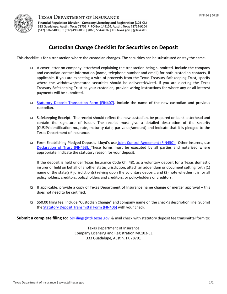 Form FIN454 Custodian Change Checklist for Securities on Deposit - Texas, Page 1