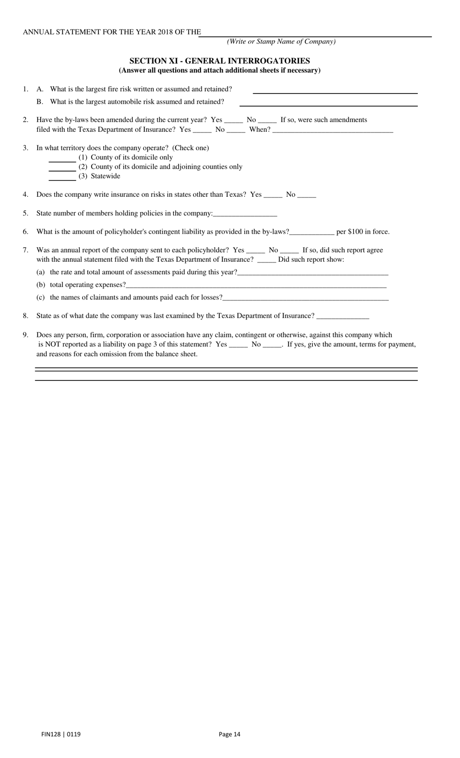 Form FIN128 Annual Statement Blank - Farm Mutual Companies - Texas, Page 16