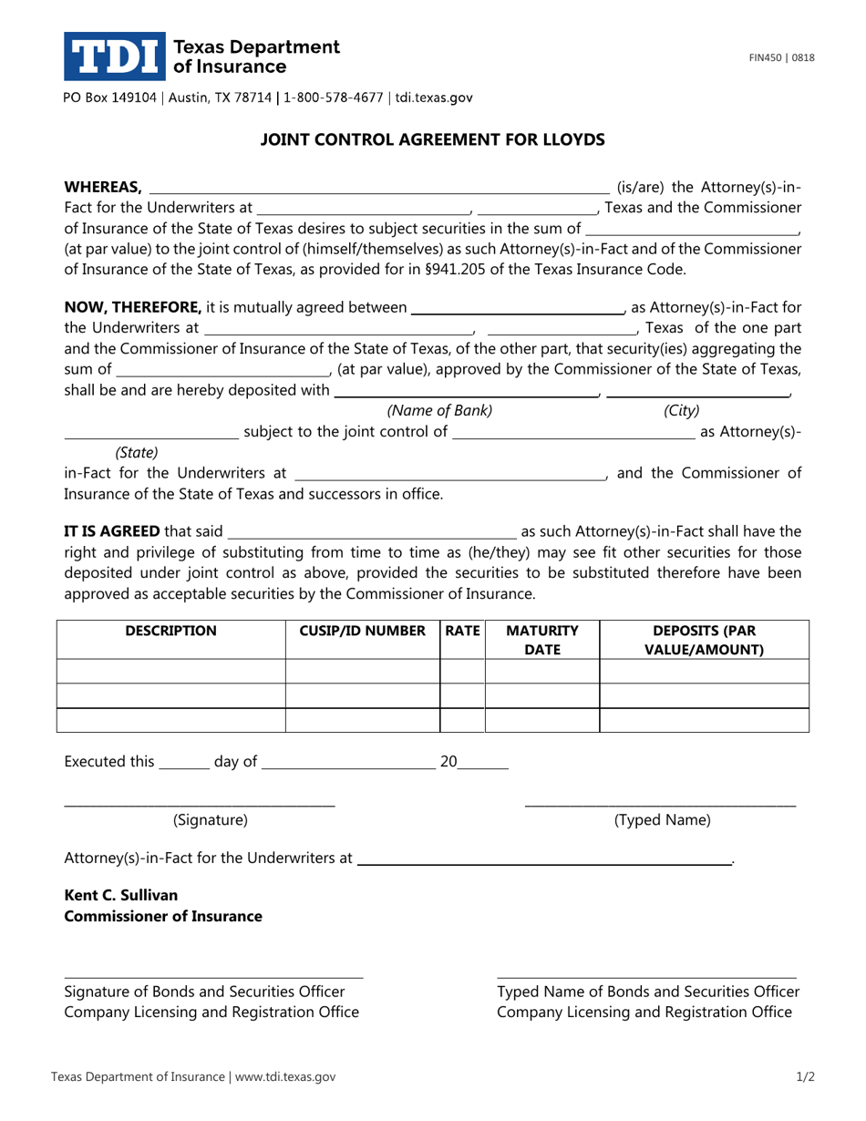 Form FIN450 Joint Control Agreement for Lloyds - Texas, Page 1