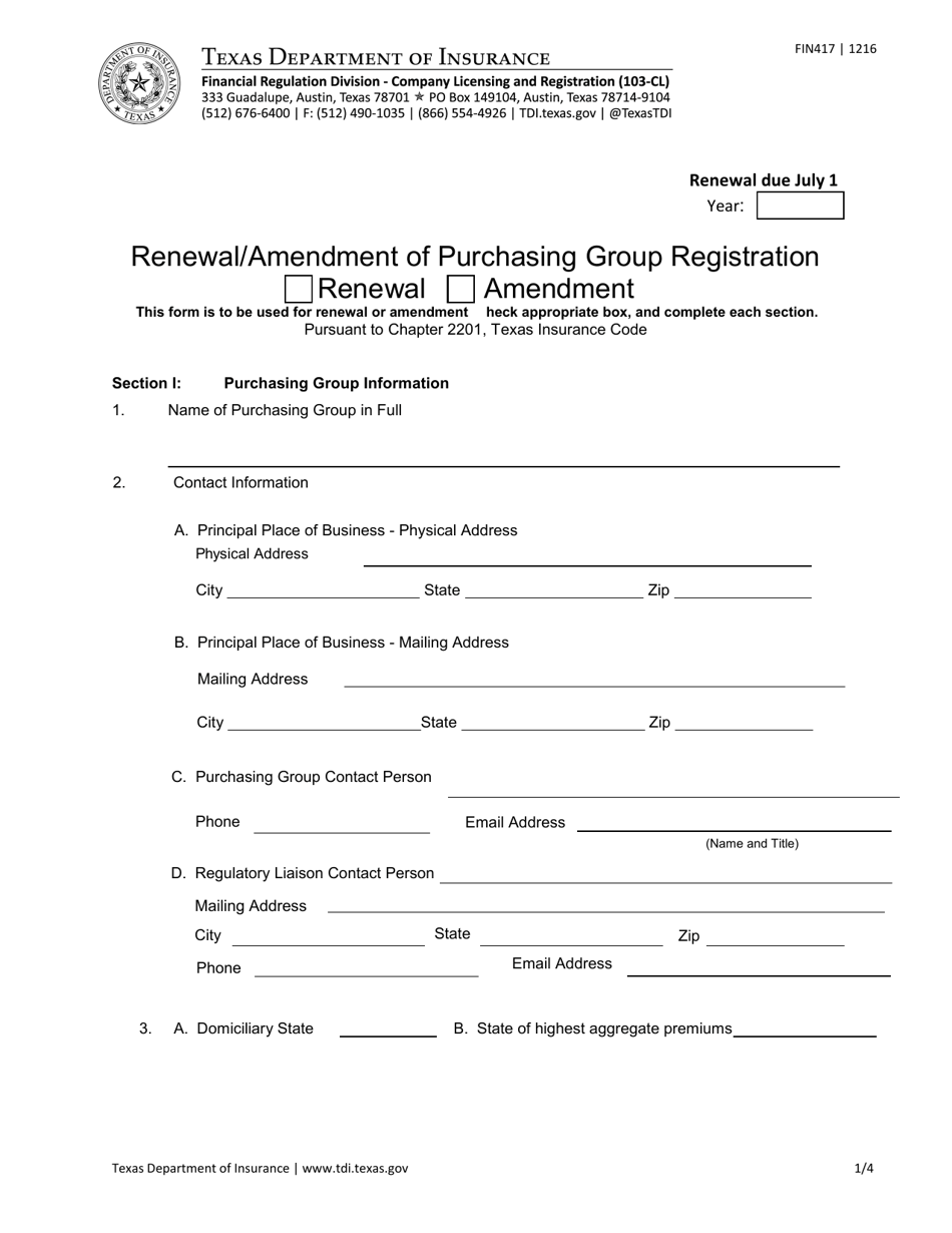 Form FIN417 Renewal / Amendment of Purchasing Group Registration - Texas, Page 1