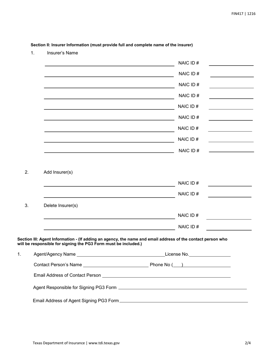 Form FIN417 Renewal / Amendment of Purchasing Group Registration - Texas, Page 2