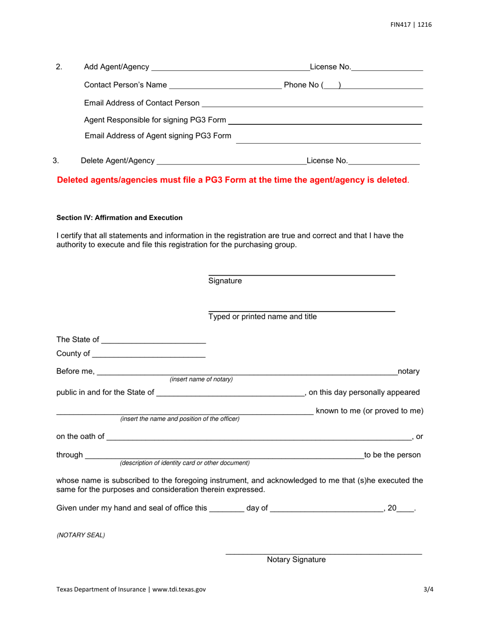 Form FIN417 Renewal / Amendment of Purchasing Group Registration - Texas, Page 3