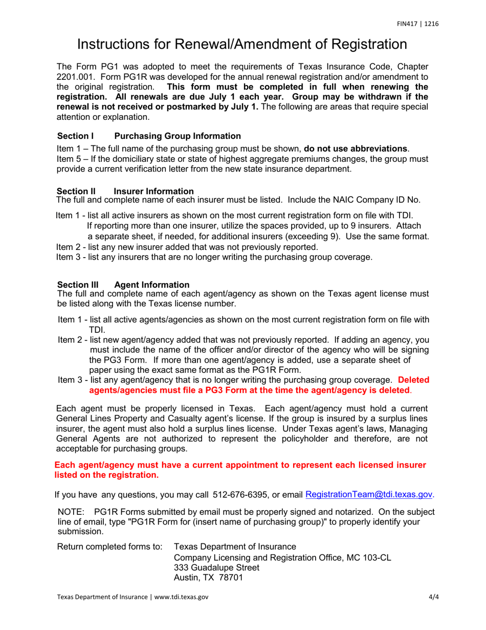Form FIN417 Renewal / Amendment of Purchasing Group Registration - Texas, Page 4