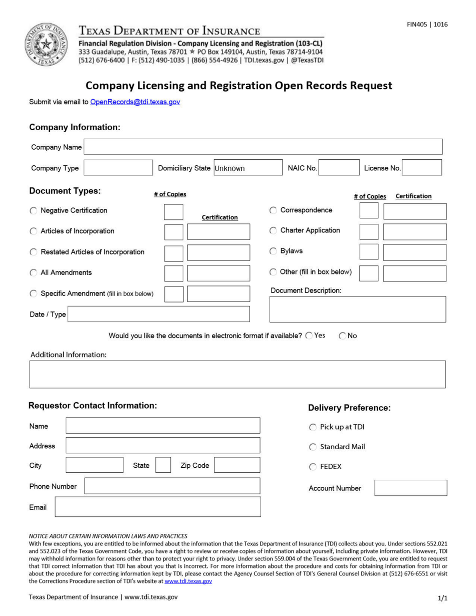 Form FIN405 Company Licensing and Registration Open Records Request - Texas, Page 1