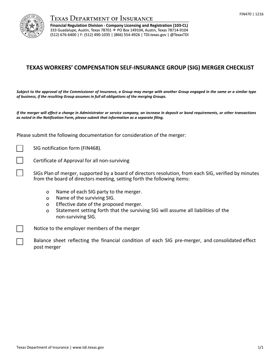 Form FIN470 Texas Workers Compensation Self-insurance Group (Sig) Merger Checklist - Texas, Page 1