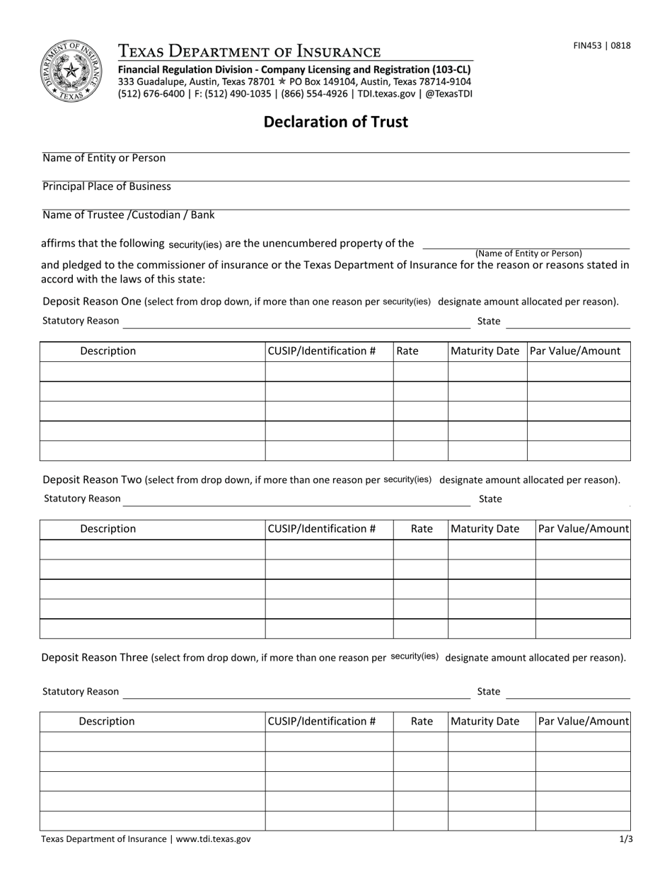 Form FIN453 Declaration of Trust - Texas, Page 1