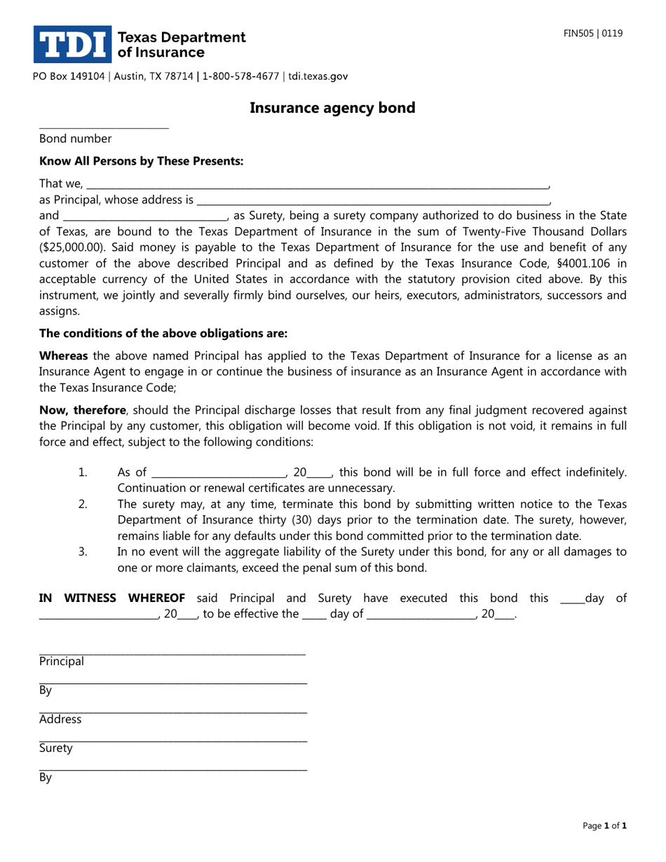 Form FIN505 Insurance Agency Bond - Texas, Page 1