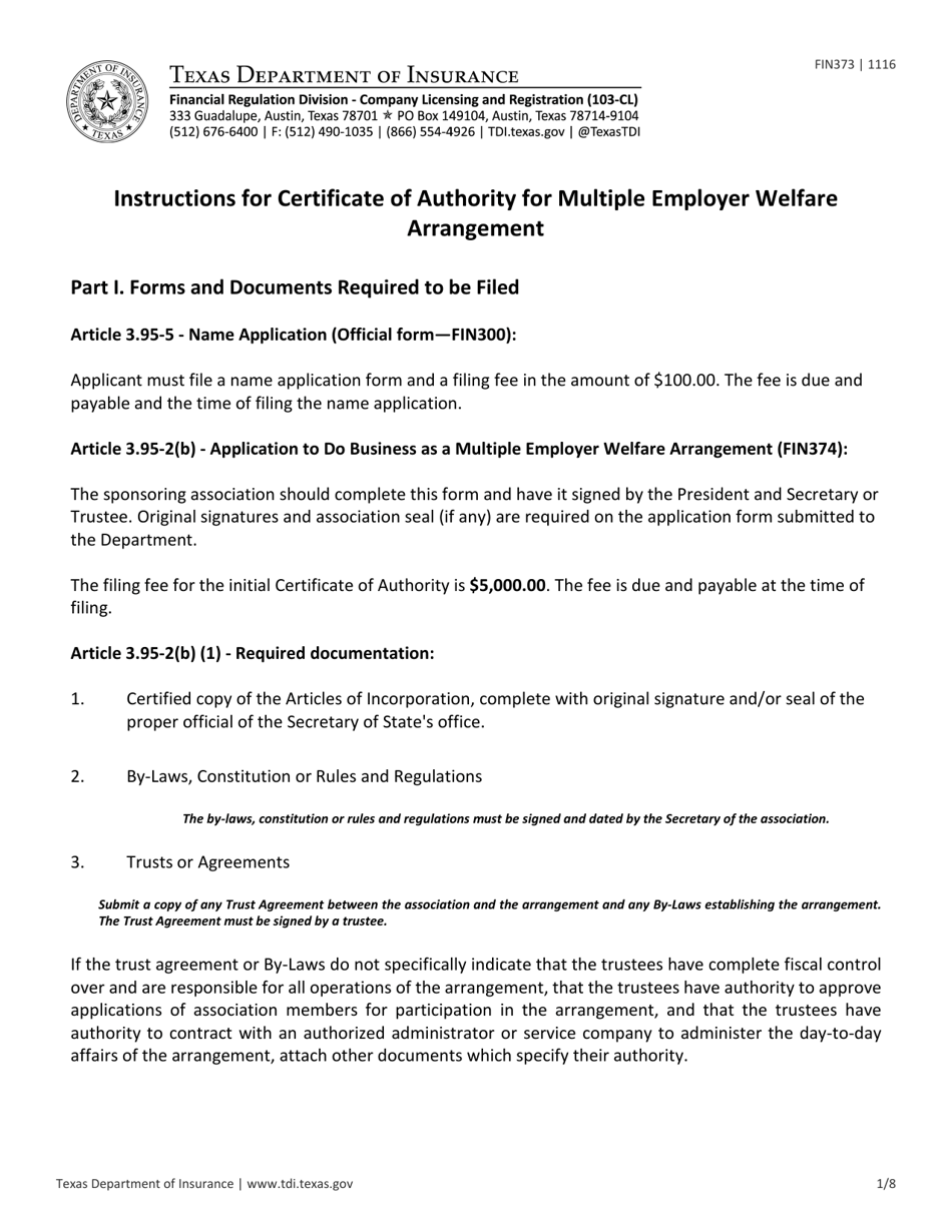 Instructions for Form FIN373 Certificate of Authority for Multiple Employer Welfare Arrangement - Texas, Page 1
