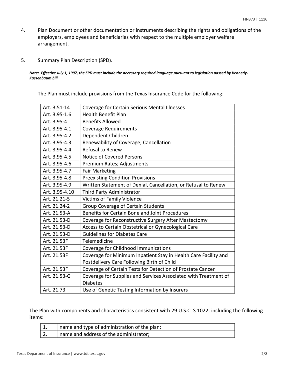 Instructions for Form FIN373 Certificate of Authority for Multiple Employer Welfare Arrangement - Texas, Page 2