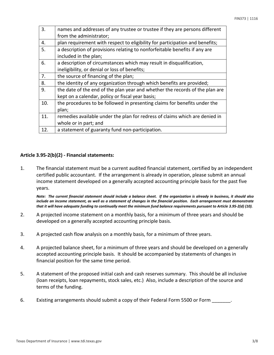 Instructions for Form FIN373 Certificate of Authority for Multiple Employer Welfare Arrangement - Texas, Page 3