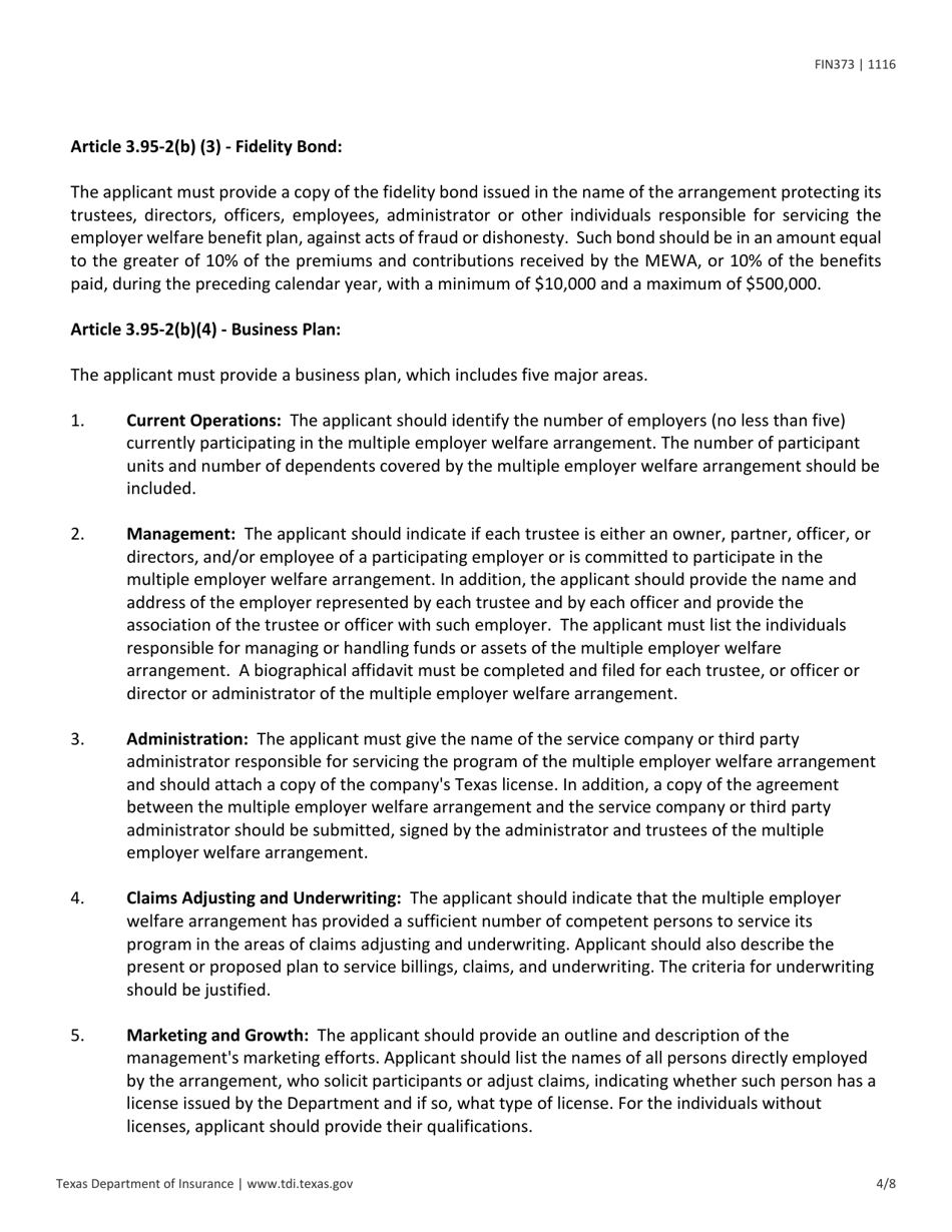 Instructions for Form FIN373 Certificate of Authority for Multiple Employer Welfare Arrangement - Texas, Page 4