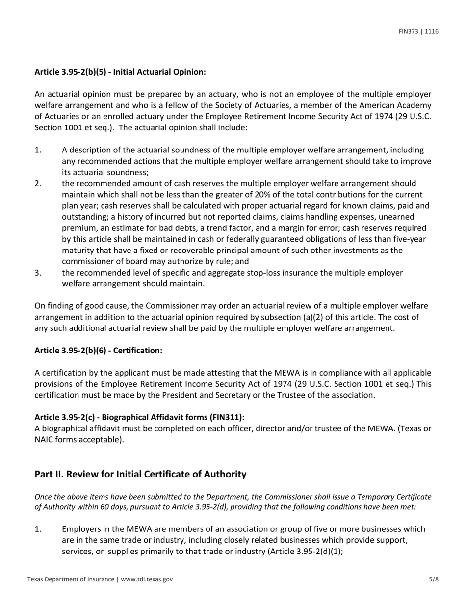 Instructions for Form FIN373 Certificate of Authority for Multiple Employer Welfare Arrangement - Texas, Page 5