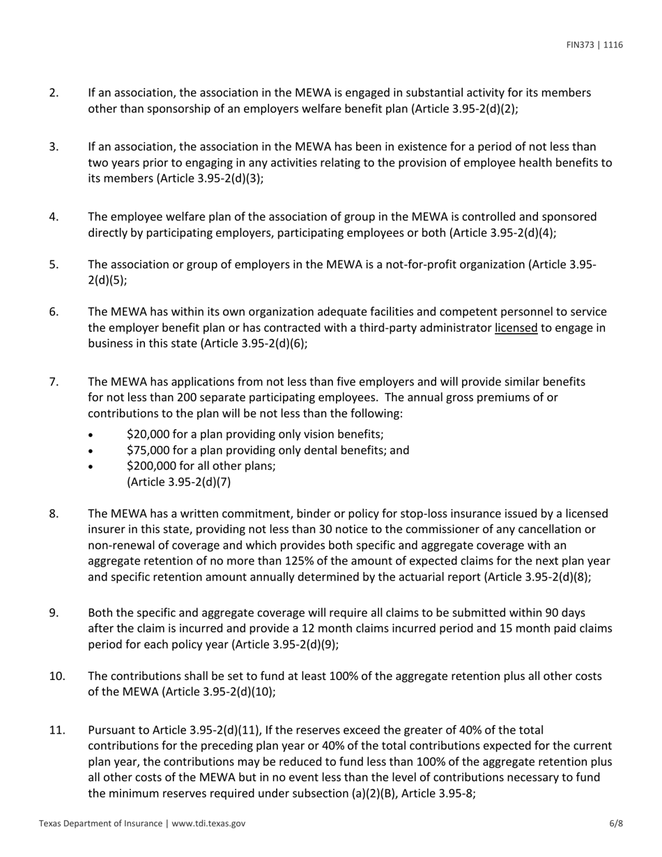 Instructions for Form FIN373 Certificate of Authority for Multiple Employer Welfare Arrangement - Texas, Page 6