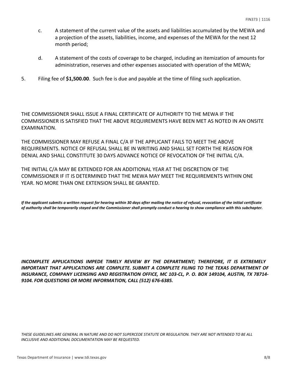 Instructions for Form FIN373 Certificate of Authority for Multiple Employer Welfare Arrangement - Texas, Page 8