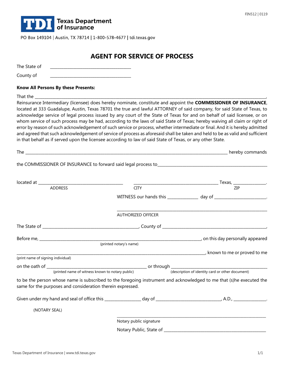 Form FIN512 Agent for Service of Process - Texas, Page 1