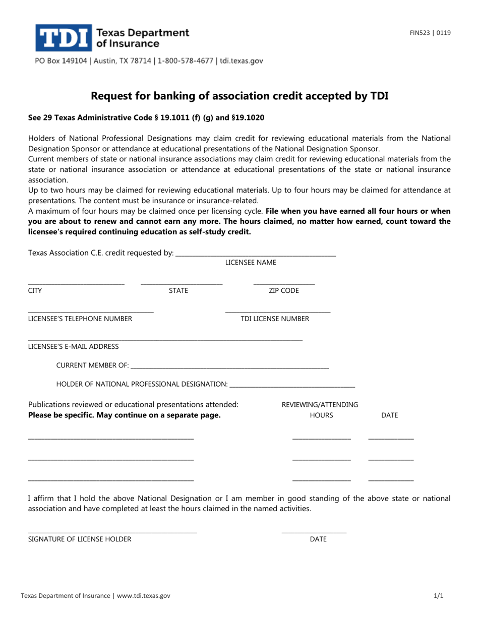 Form FIN523 Request for Banking of Association Credit Accepted by Tdi - Texas, Page 1