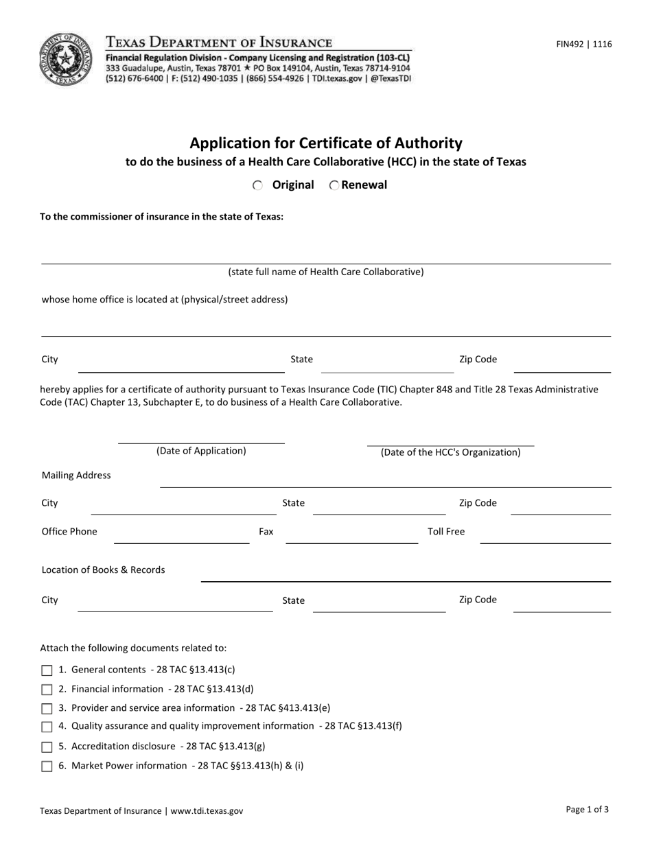 Form FIN492 Application for Certificate of Authority to Do the Business of a Health Care Collaborative in the State of Texas - Texas, Page 1