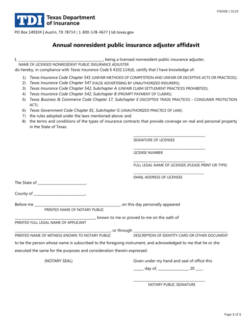 Form FIN508 Annual Nonresident Public Insurance Adjuster Affidavit - Texas