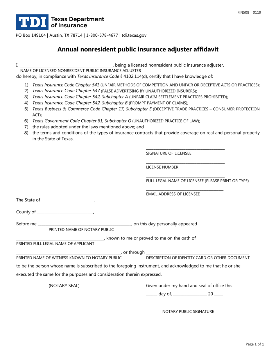 Form FIN508 Annual Nonresident Public Insurance Adjuster Affidavit - Texas, Page 1