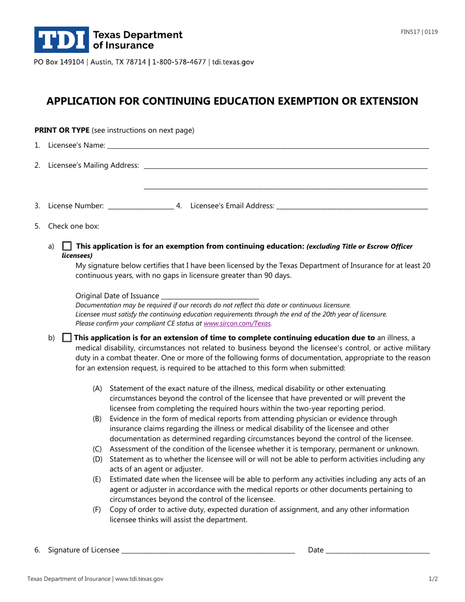 Form FIN517 Application for Continuing Education Exemption or Extension - Texas, Page 1