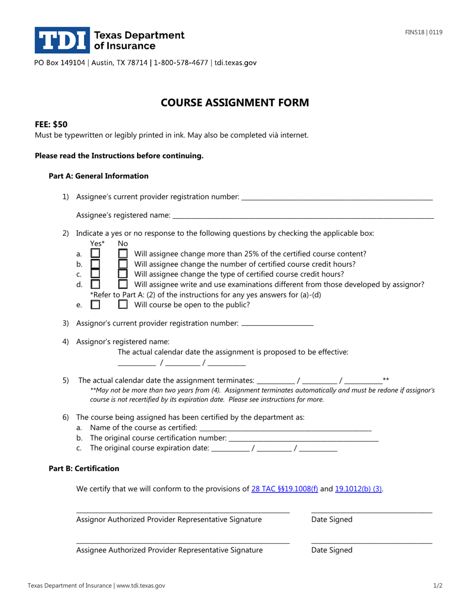 Form FIN518 Course Assignment Form - Texas, Page 1