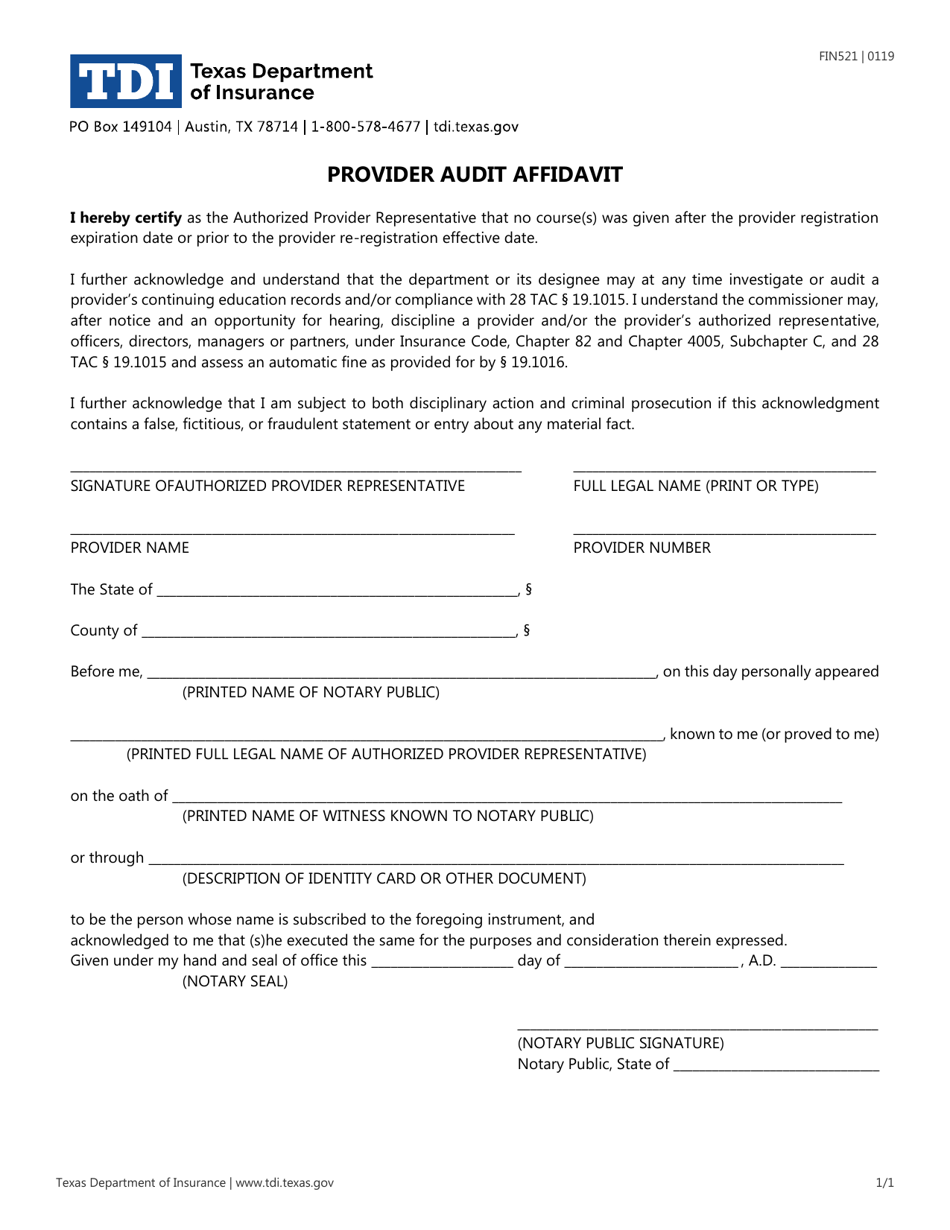 Form FIN521 Provider Audit Affidavit - Texas, Page 1