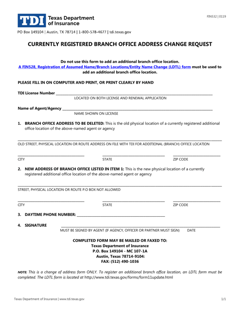 Form FIN532 Currently Registered Branch Office Address Change Request - Texas