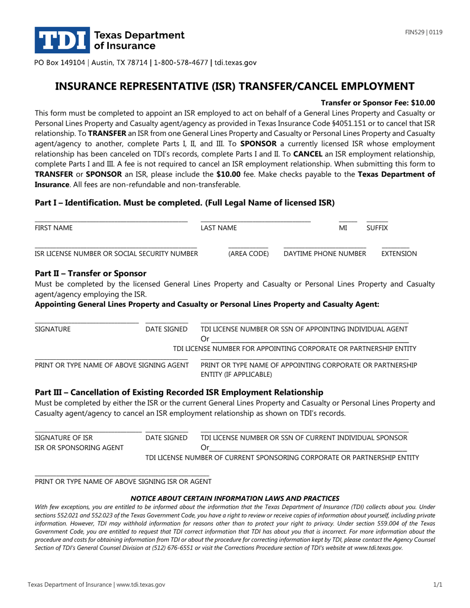 Form FIN529 Insurance Representative (Isr) Transfer / Cancel Employment - Texas, Page 1