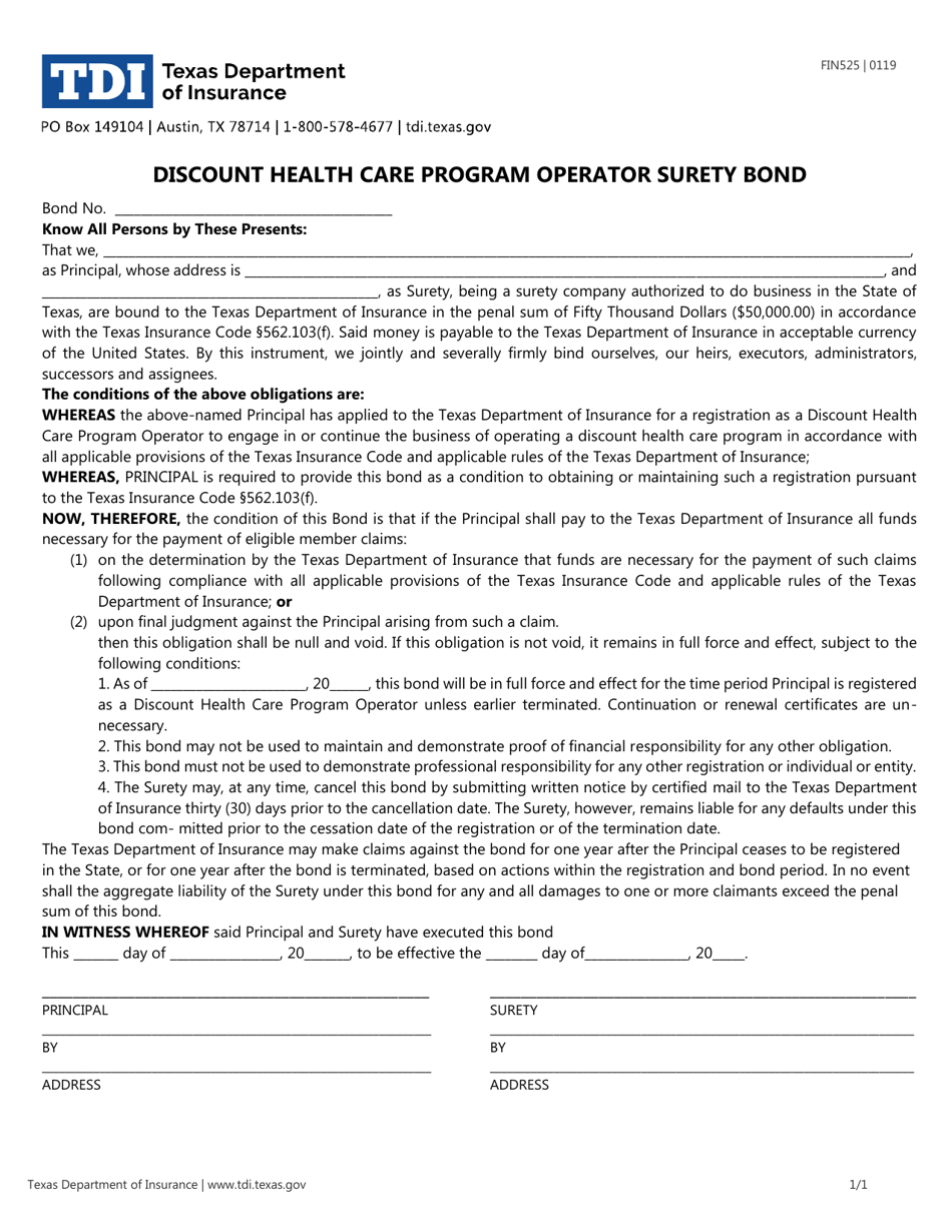 Form FIN525 Discount Health Care Program Operator Surety Bond - Texas, Page 1