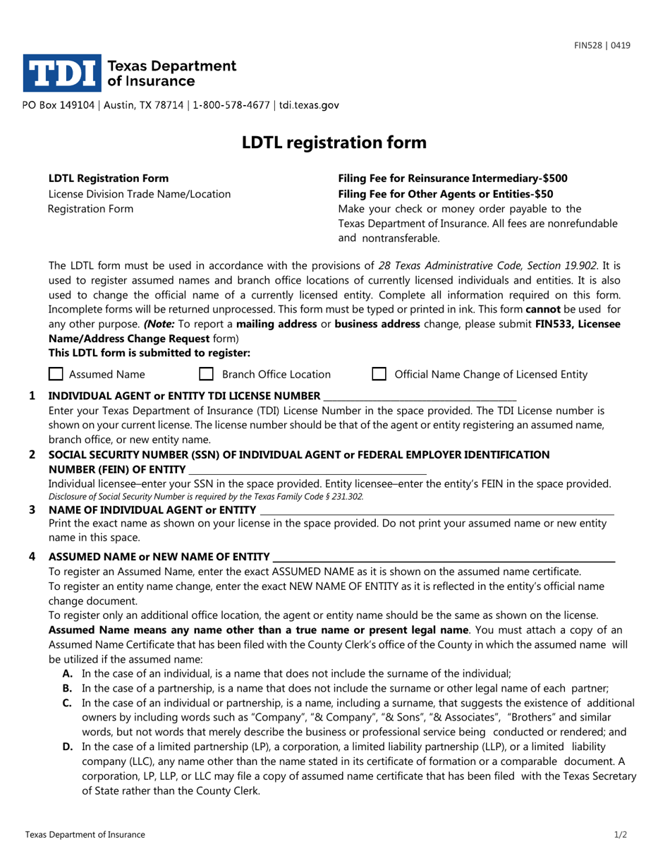 Form FIN528 Ldtl Registration Form - Texas, Page 1
