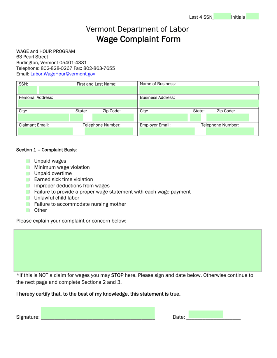 Wage Complaint Form - Vermont, Page 1