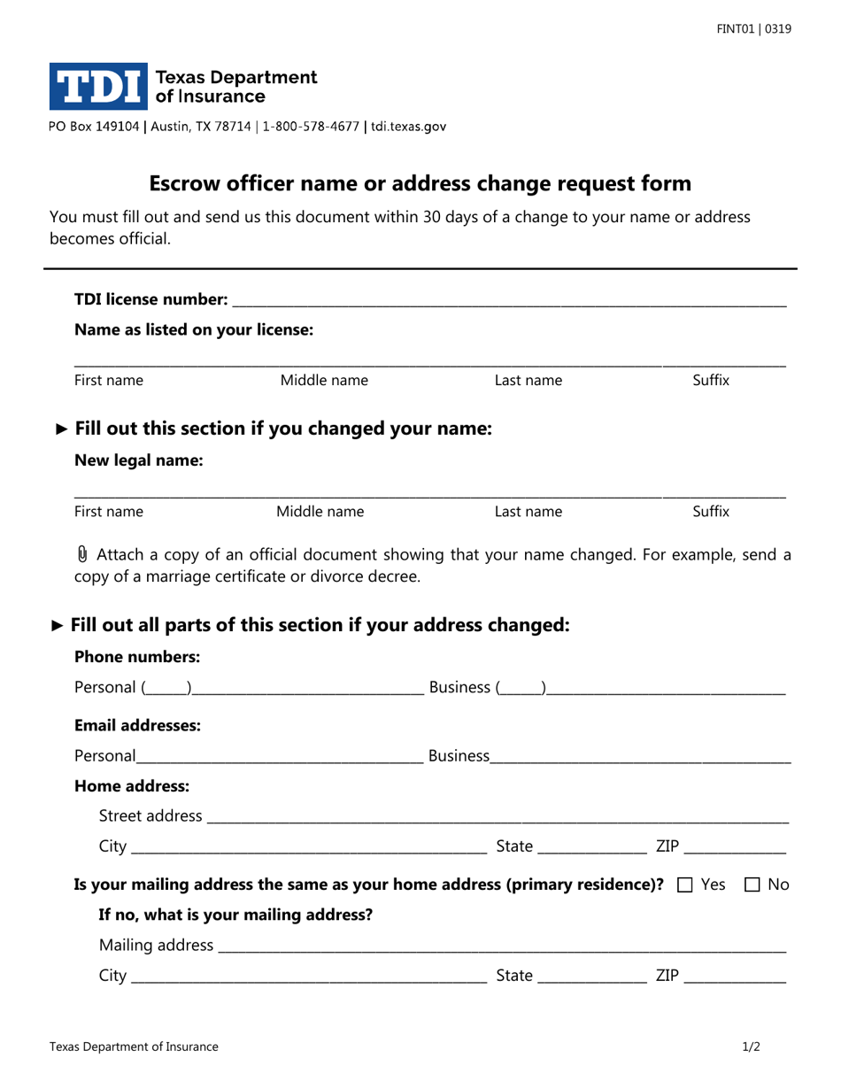 Form FINT01 Escrow Officer Name or Address Change Request Form - Texas, Page 1
