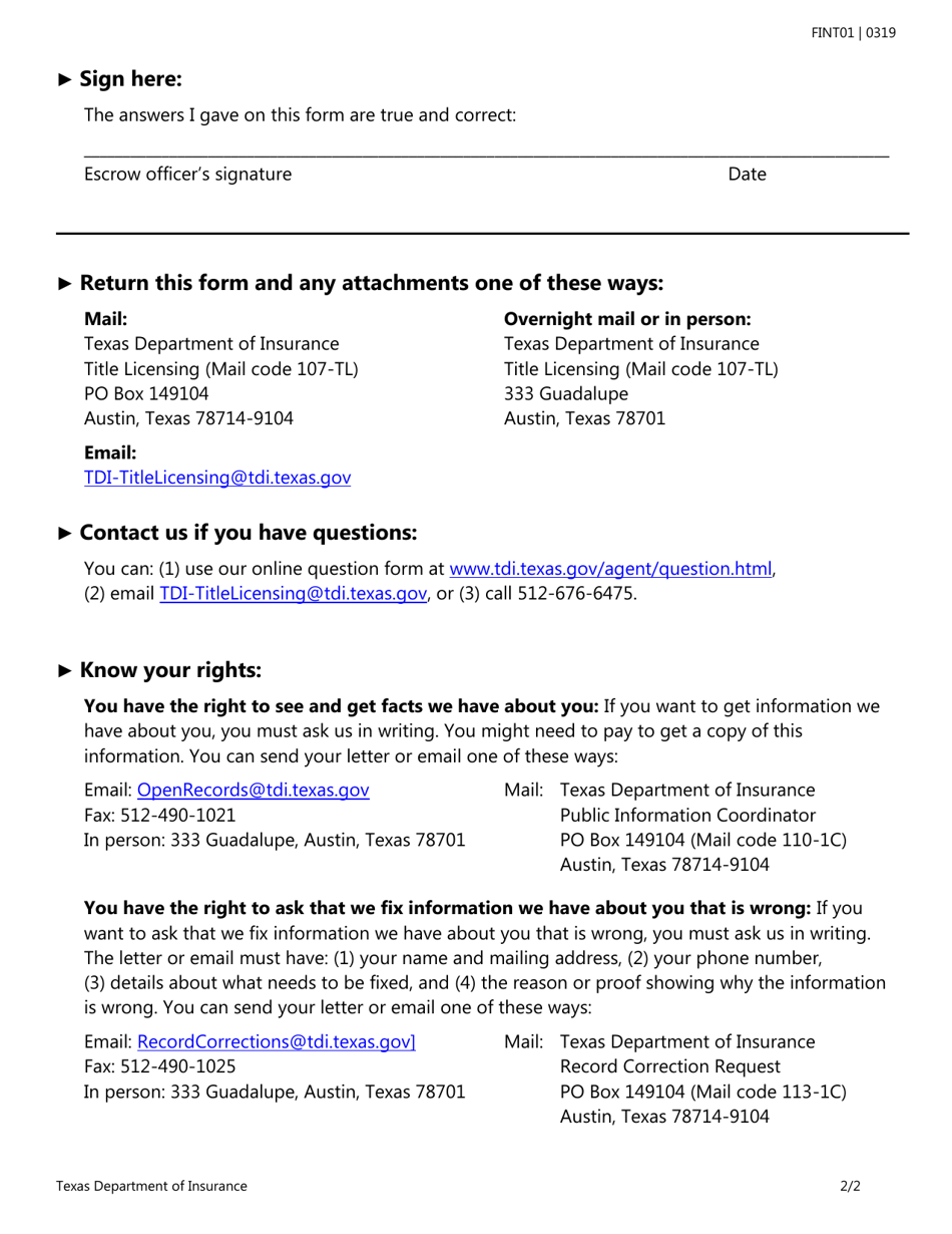 Form FINT01 Escrow Officer Name or Address Change Request Form - Texas, Page 2