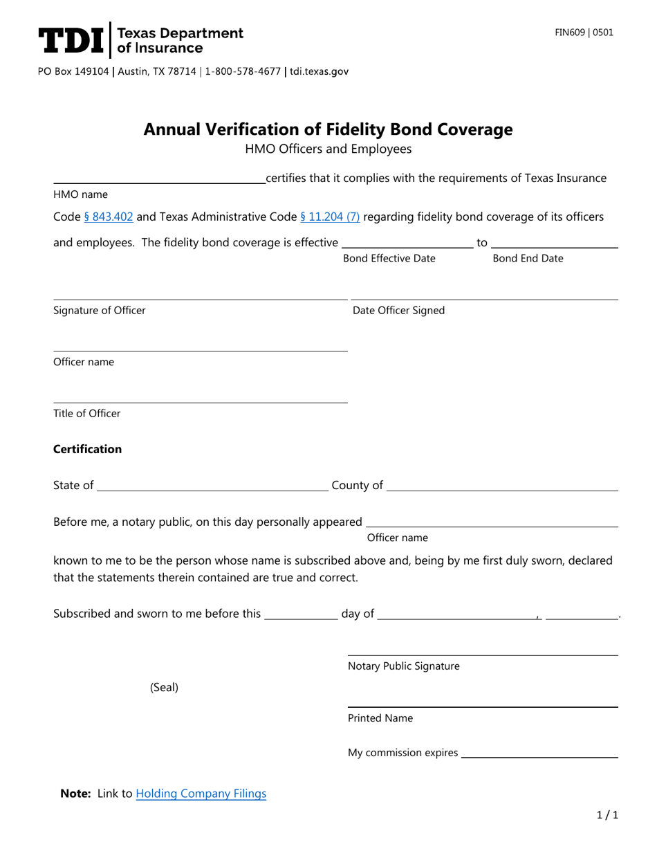 Form FIN609 Annual Verification of Fidelity Bond Coverage - Texas, Page 1