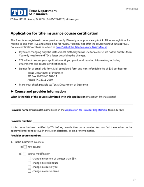 Form FINT06 Application for Title Insurance Course Certification - Texas