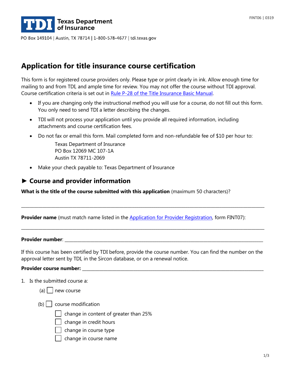 Form FINT06 Application for Title Insurance Course Certification - Texas, Page 1