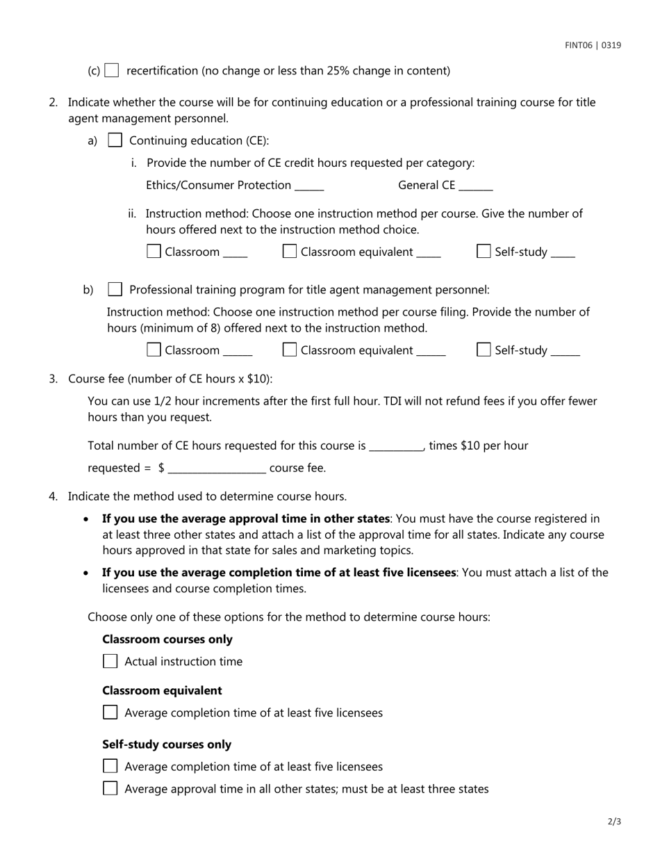 Form FINT06 Application for Title Insurance Course Certification - Texas, Page 2